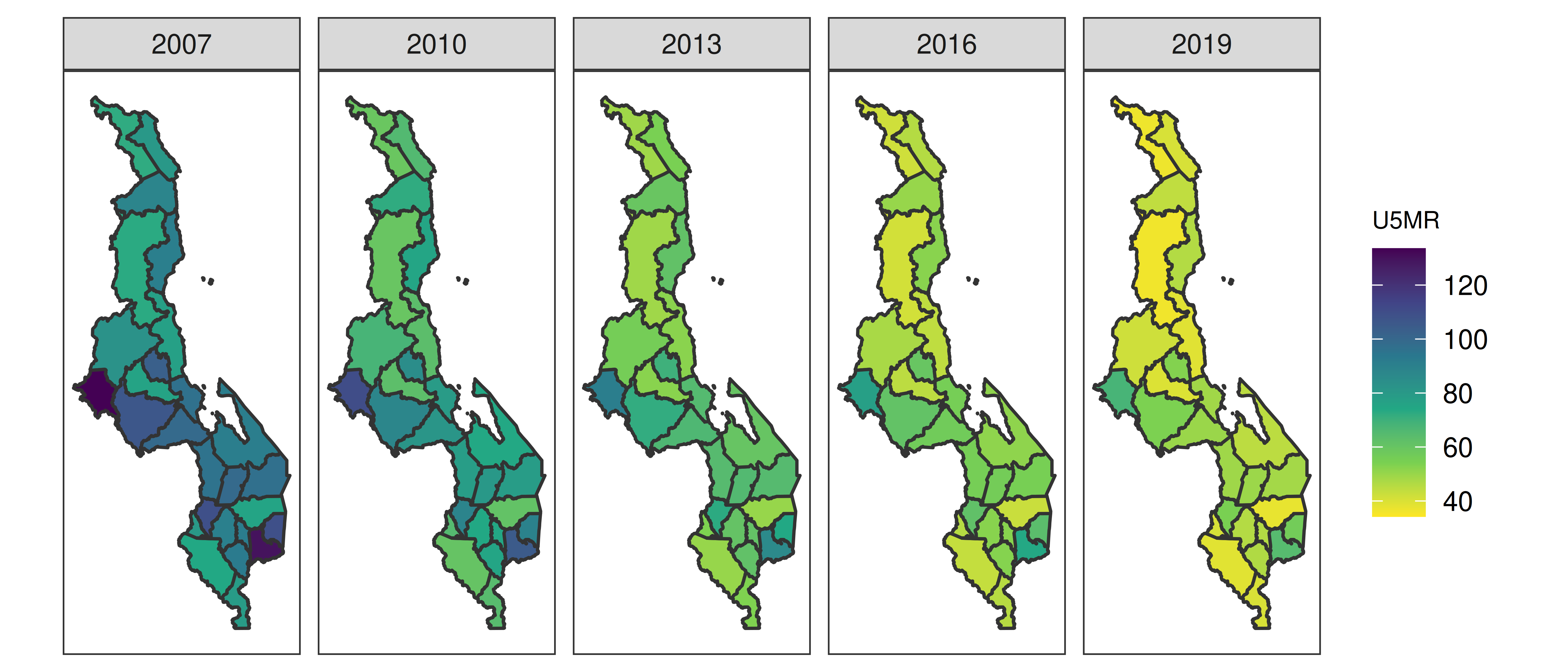 Spatial distribution of U5MR using the 2015--2016 DHS in Malawi over selected years.