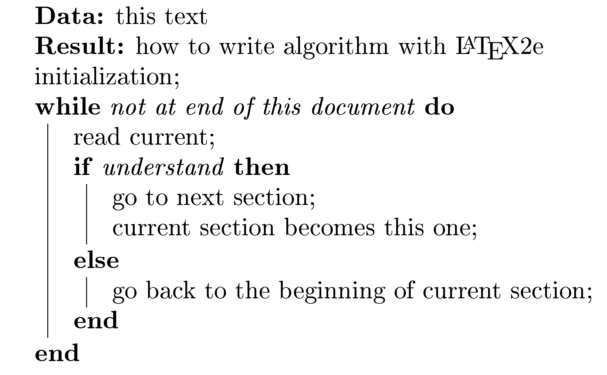 Illustration of an algorithm starting with Data and Result, followed by a while, and an if/else block.