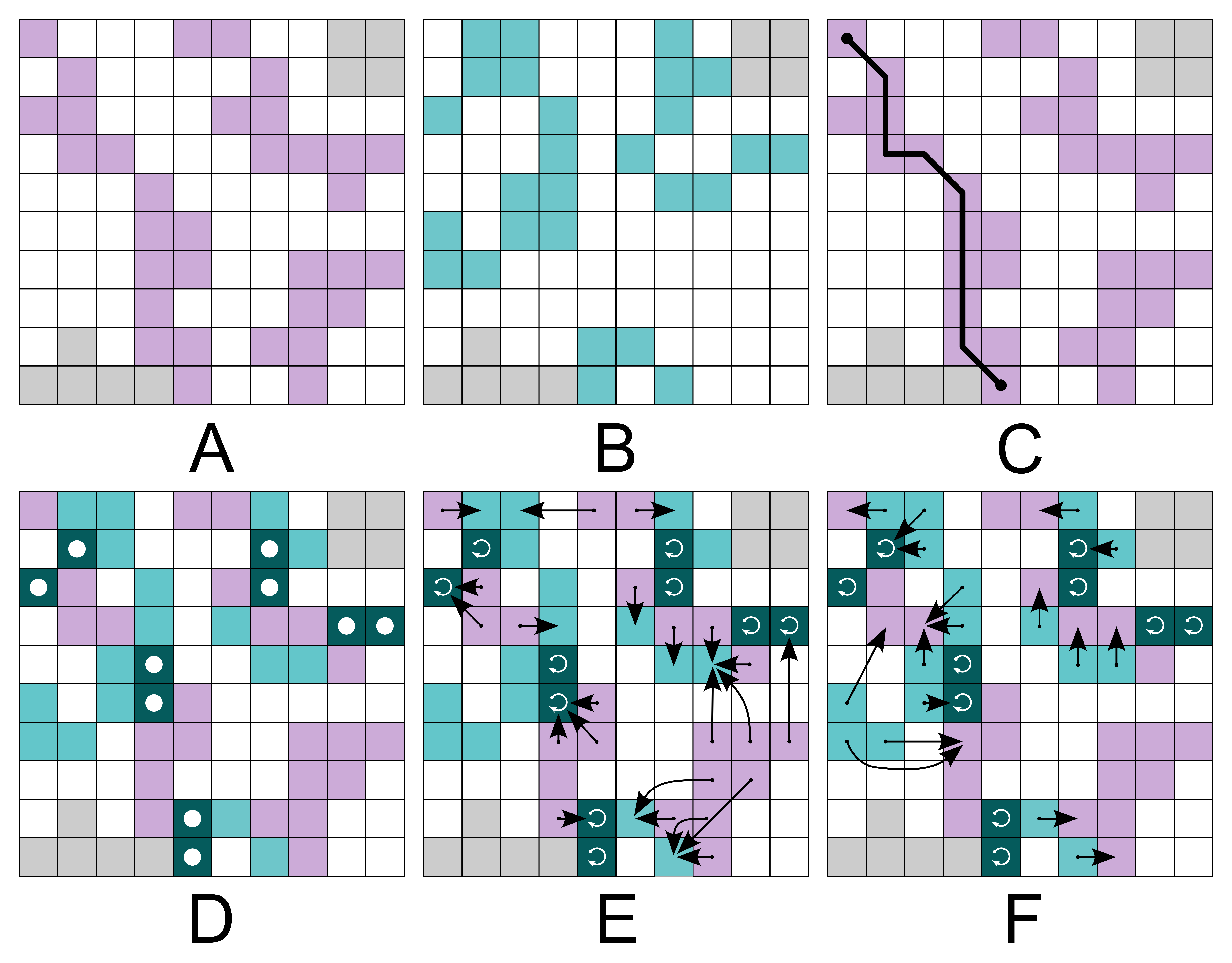 Six squares labeled A, B, and C on the top row and D, E, and F on the bottom row. Each square is a 10 by 10 matrix of squares with black outlines. All the matrices have 4 light gray squares in the top right and 5 light gray squares in the bottom left. A is the same as figure 1, but without the blue lines. B is like A, except that there are light blue squares instead of purple, and the blue squares are configured differently. There are still three sets of touching blue squares. C is identical to A, except it shows a black line indicating the longest straight line that can be drawn along a set of touching purple squares. D shows what A and B look like overlayed one another. The squares where the purple light blue overlap are now dark blue. Each dark blue square has a white dot in the center. E is the same as D, except without the white dots, and with arrows on them. The arrows start from each purple square and points to the nearest light blue or dark blue square. Each dark blue square has a white circular arrow that points to itself. F is like E, except that the arrows point from each light blue square to the nearest purple or dark blue square.